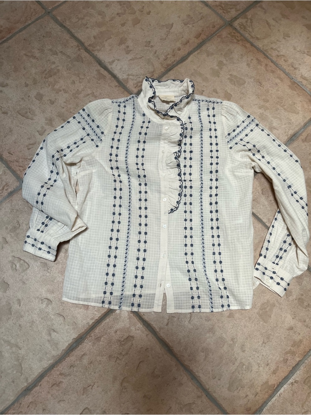 Sezane Cream Blouse with Navy Embroidered Trim